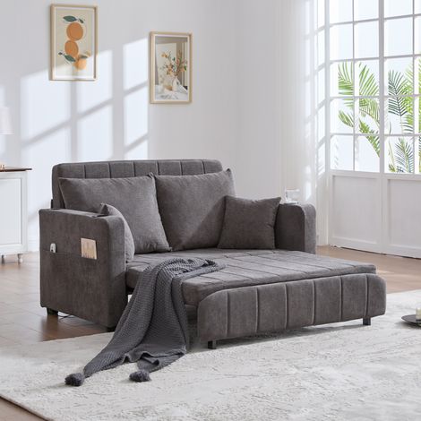 Sofá Convertible 2 Plazas en Chenilla con 2 Portavasos, Bolsillo Lateral, USB y 4 Cojines, Gris
