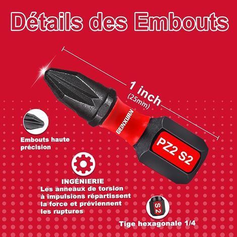 GEINXURN Embouts de Vissage aux Chocs PZ1 PZ2 PZ3 de 25/50/75/150mm, Jeu d'embouts Magnétique pour Visseuse Tournevis Tige Hexagonale 1/4" S2 en Acier Allié avec 1 Porte-embout 75mm (1/4)