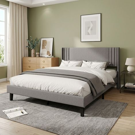Lit capitonné 140x200 cm, cadre de lit adulte avec sommier à lattes et tête capitonnée, pour adultes et adolescents, gris (1/5)