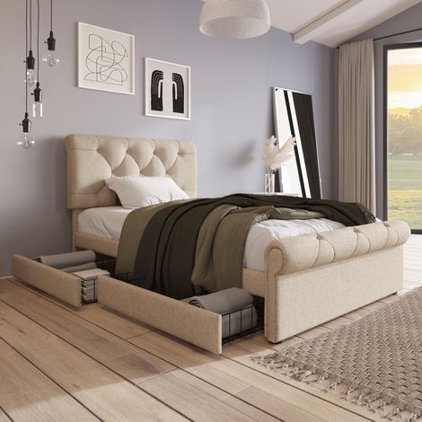 Cama Individual 90x200 cm con somier 2 cajones y cabecero regulable col natural para niños (Sin Colchón) (1/5)