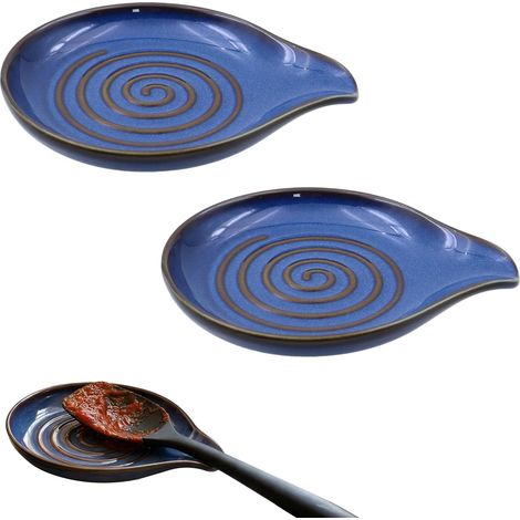 2-teilige Löffelablage aus Keramik, Küchenlöffelablage mit natürlichem Spiralmuster, blauer Küchenlöffelhalter für Pfannenwender und Löffel, spülmaschinenfest (1/5)