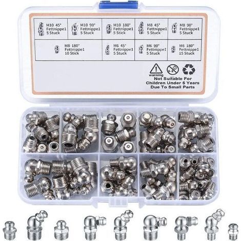 60 Pices graisseur a Visser, Assortiment Graisseur M6 M8 M10, Droit Graisse Raccord 45 90 180, avec Bote en Plastique, pour quipement Mcanique, Embout de Graissage Fixations (1/4)