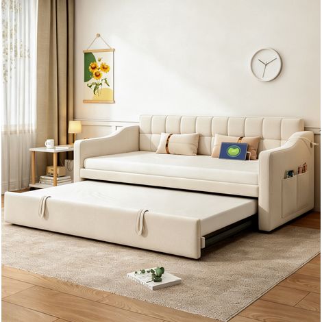 Divano letto estensibile 90x190 cm, porte USB, per camera da letto, velluto beige, struttura in metallo e legno (1/5)