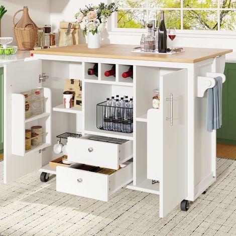 Armoire buffet îlot 120x73x92cm blanc/noir,plan de travail pliable,rail serviettes,porte-épices,porte-vins et étagères réglables.