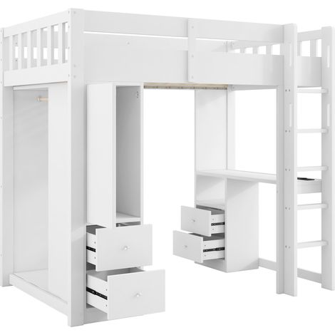 Cama alta 90x200 con escritorio, 4 cajones, armario abierto y luz LED, blanca (1/5)