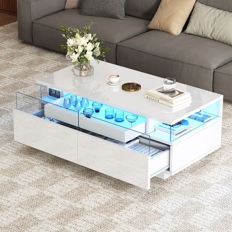 Table basse haute brillance 90 x 45 x 35,5 cm - 2 tiroirs - avec éclairage LED - avec verre trempé - blanc