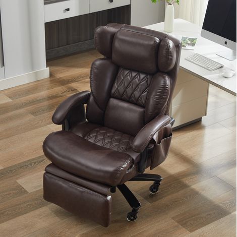 Buerostuhl aus PU-Leder Braun mit Massage, Heizfunktion, Fussstuetze und 360° Drehung, 88x70x112,5 cm (1/5)