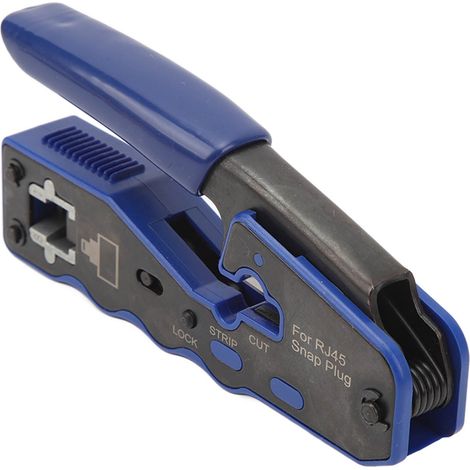 Pince sertissage RJ45 passant avec têtes cristal Cat6, capuchons protection, testeur câble, coupe-fil et dénudeur (1/5)