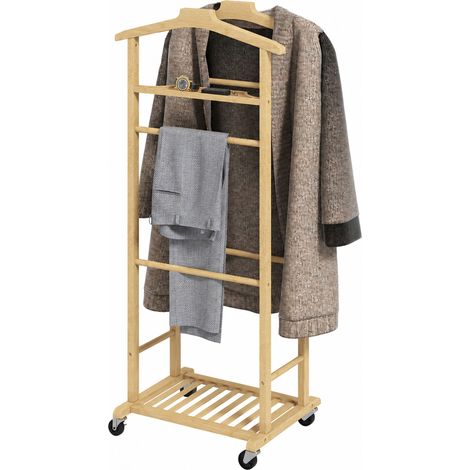 Portant à vêtements sur roulettes, porte-manteaux en bambou, double cintre intégré, 47 x 33,7 x 105,5 cm, bois naturel, déco maison, aménagement intérieur (1/5)