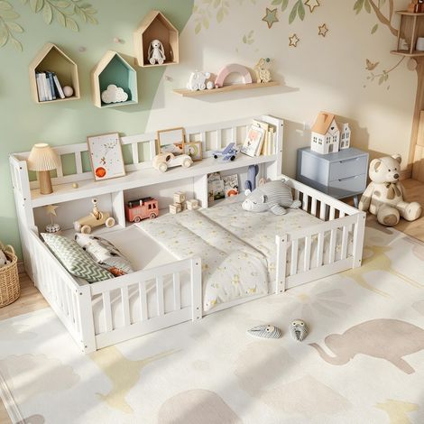 Cama infantil 90x200 cm – Cama cerrada con barandilla de seguridad integrada – Con estante – Somier de láminas – Madera maciza blanca (1/5)