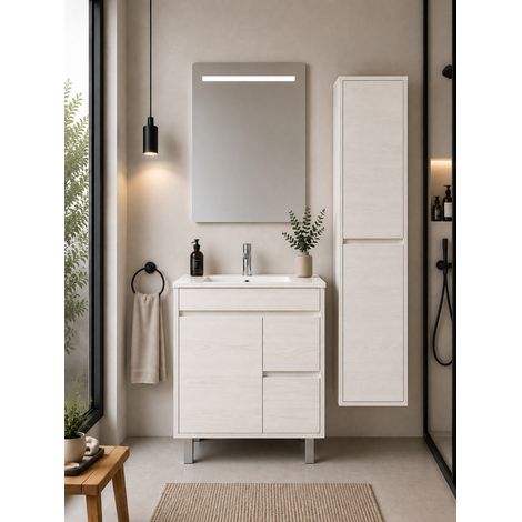 Meuble de salle de bain avec vasque ORIGENBATH ISQUIA sans miroir 60x35 cm blanc nordique avec colonne (1/5)