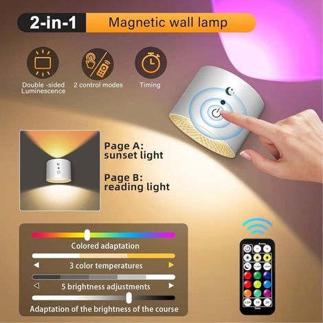 Applique Murale Intérieure, Lampe de Chevet Sans Fil Tactile LED avec Télécommande, Lampe Murale RGB à Gradation Rotatifs 360° Rechargeable avec Minuterie Applique Murale Chambre Salon-blanc[Classe én (1/3)