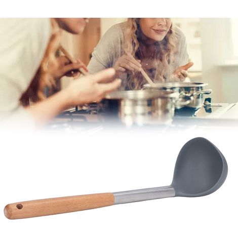 Louche en Silicone Souple et Sûre, Manche en Bois Résistant aux Rayures, Matériau Durable et Antiadhésif, Cuillère à Potage (1/5)