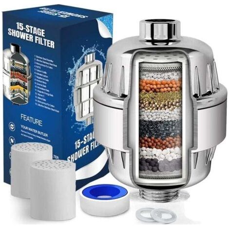 Filtre Douche Anti Calcaire à 15 Étapes Avec Vitamine C - Filtre de Douche Haut Débit pour Éliminer le Chlore et Fluorure - 2 Cartouches Incluses - Filtre de Douchette (1/4)