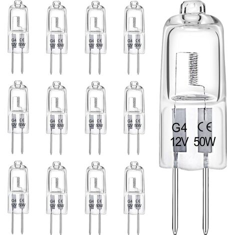 Lampadine alogene G4, lampadina da 12 V 50 W, lampadina a capsula trasparente a 2 pin, lampadine dimmerabili bianco caldo 2700 K (confezione da 12)[Classe energetica G]
