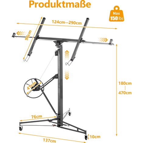 Lève-panneaux de plâtre pliable gris : capacité 68 kg, hauteur ajustable 180-470 cm, 3 roues freinées, inclinaison 60°, pour plaques de construction sèche (1/4)
