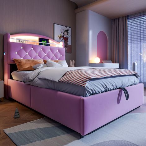 Lit rembourré 90x200 cm en velours rose avec coffre de rangement, LED, 3 USB et USB-C, tête de lit avec tablette et sommier métal (1/5)
