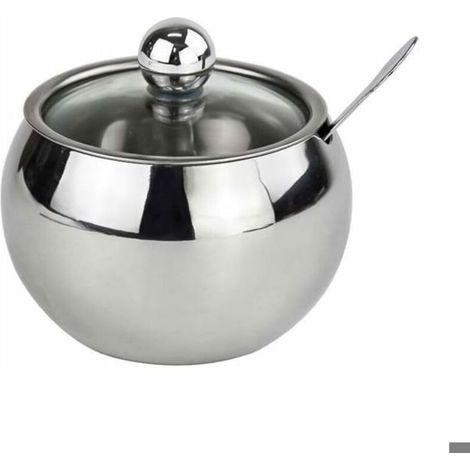 Stainless Steel Sugar Bowl with Lid and Clear Glass Spoon, Spice Jar for Salted Sugar Tea (1/5)
