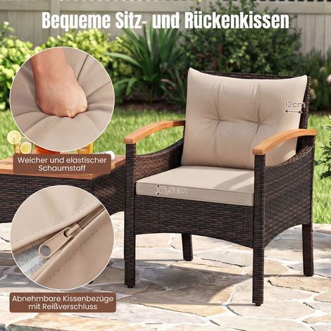Set d'assise en rotin 3 pièces avec 2 fauteuils et 1 table d'appoint, set d'assise avec plateau en acacia et coussins - marron (1/5)