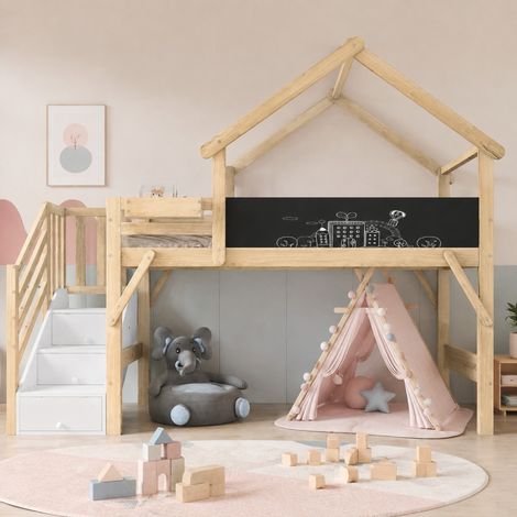 Letto a castello 90x200 cm bianco e naturale in legno con lavagna e scala contenitore (1/5)