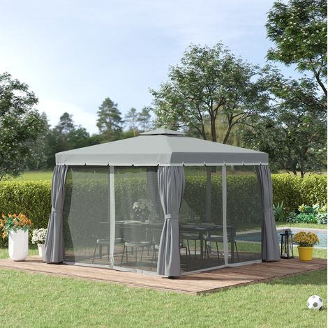 Gazebo da giardino 2,96 x 2,96 m con tetto doppio, zanzariere e tende, antracite (1/5)