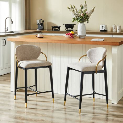 Lot de 2 tabourets bar chenille marron clair, réglables, finition noir et or, dossier avec repose-pieds (1/5)