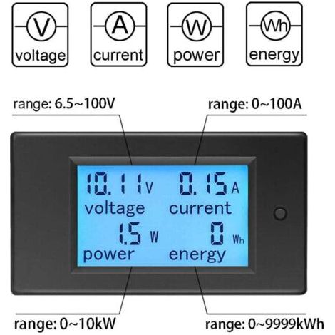 Voltmètre numérique, ampèremètre, compteur de puissance CC 100 A 6,5 100 V, compteur d'énergie avec écran LCD. (1/3)