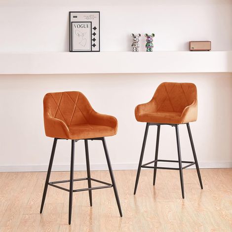 2x Bar Stools Velvet Dining Room Kitchen Breakfast High Chairs Footrest Barstool,2PCS ORANGE (1/5)