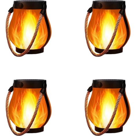 Quatre lanternes à flamme solaire, lumières d'extérieur dansantes, suspension par corde, étanches, chargement USB, idéales pour la décoration du jardin et de la terrasse. (1/4)