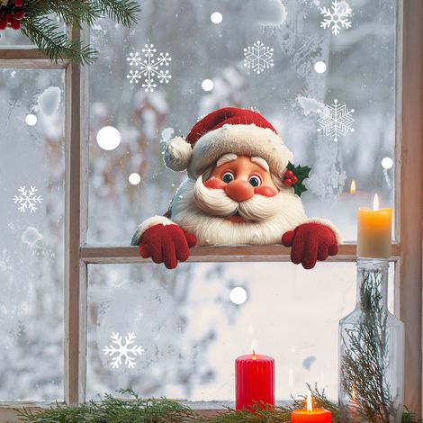 Effetto 3D, adesivo per finestre, adesivo da parete, Babbo Natale e fiocchi di neve, adesivo murale autoadesivo, decorazione per la casa (2424 cm) (1/2)