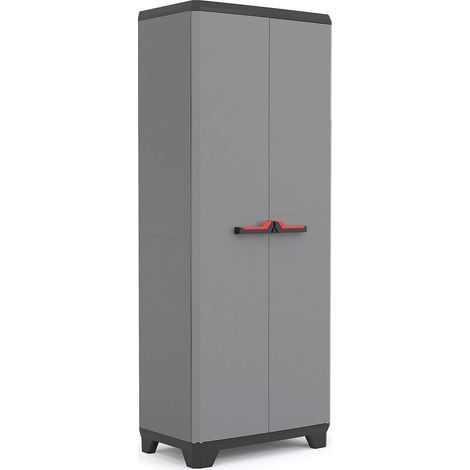 Keter Armoire Utilitaire STILO - Armoire de Rangement en Résine Multifonctions - Étagères et Pieds Ajustables, Poignée Soft Touch - Cuisine, Garage, Atelier - 68 x 39 x 173 cm - Gris/Noir/Rouge (1/5)
