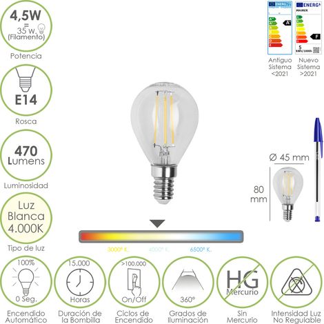 Bombilla Led Filamento Globo Rosca E14. 4,5 Watt. Equivale A 35 Watt. 470 Lumenes. Luz Neutra 4000º K.