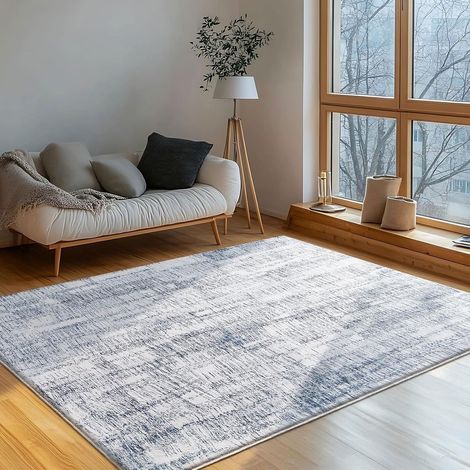 Tapis Salon Lavable 120x160cm, Tapis Chambre Antidérapant Doux Gris Moderne Poil Ras Grand Tapis Bleu (1/5)