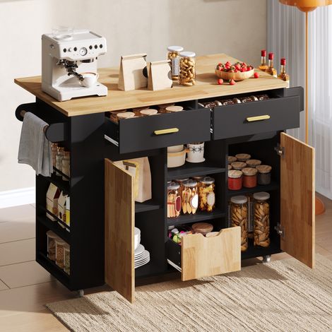 Îlot de cuisine mobile 120x45(71) cm avec plateau rabattable, rangement, 3 tiroirs, étagères à épices, porte-serviettes, roulettes - Noir et bois (1/5)