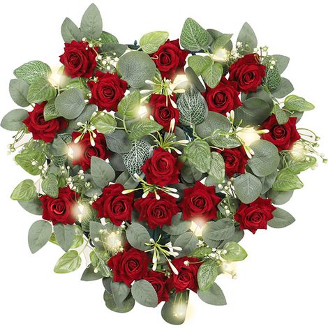 (Nécessite 2 piles AA) Couronne de roses artificielles pour la Saint-Valentin, guirlande de roses décorative en forme de cœur pour mariage, décoration murale de fleurs artificielles pour la maison (av (1/2)