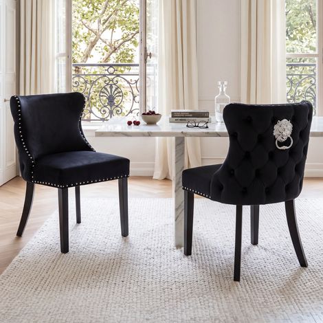 Wahson Lot de 2 chaises salle à manger en velours noir – Pieds en bois massif – Rembourrage épais – Hauteur d'assise 49cm – Design vintage, Noir (1/5)