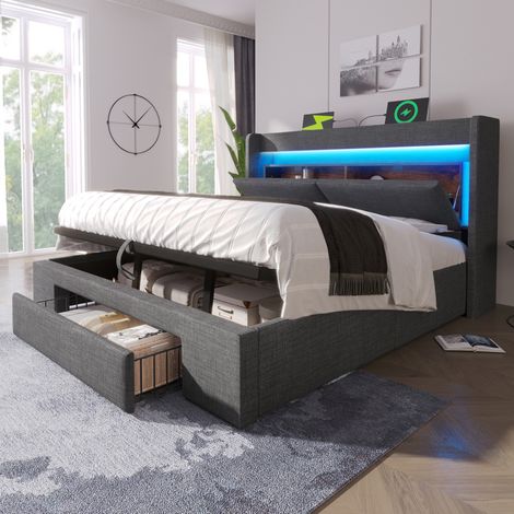 REDOM - Letto con contenitore 160x200 cm, testiera con LED e USB, biancheria grigia con materasso (1/5)