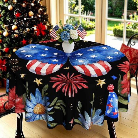 Nappe ronde à rayures florales, étoiles et feux d'artifice, imprimée en 2D à l'aquarelle rouge et bleue Décoration patriotique pour intérieur, extérieur, jardin, fête G (1/4)