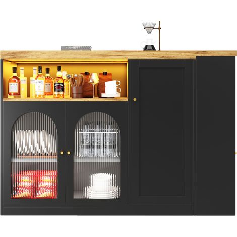 Mobile Bar con Piano Girevole 360, Ripiani Aperti, Anta in Vetro Rigato e LED per Cucina in MDF Nero (1/5)