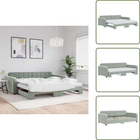 The Living Store Lit de jour et gigogne et matelas gris clair 100x200 cm velours - Canapé Convertible - Lit Gigogne - Lit Invité - Literie - Meuble Multifonctionnel (1/5)