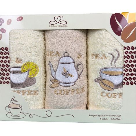 Juego de paños de cocina "Kuchcik" con estampado de café y té, 30x50 cm, beige y crudo.