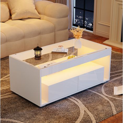 Table basse rectangulaire 100x50x40 cm avec LED, 2 tiroirs et étagères ouvertes, blanche (1/5)