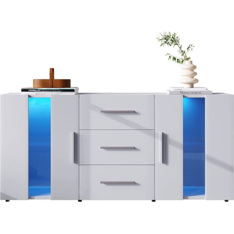 TV-Schrank mit 2 Türen, 3 Schubladen und LED, herausnehmbaren Einlegeböden, für Wohnzimmer, Weiß, 140 × 35 × 70 cm (1/5)