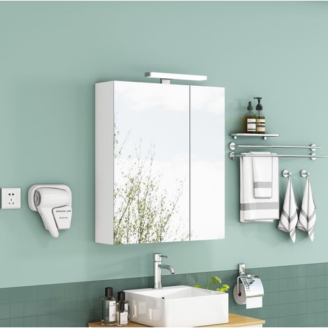 Mobile specchio da bagno 67x22x79 cm, 2 ante asimmetriche, LED, presa, ripiani in vetro regolabili, MDF e vetro bianco (1/5)
