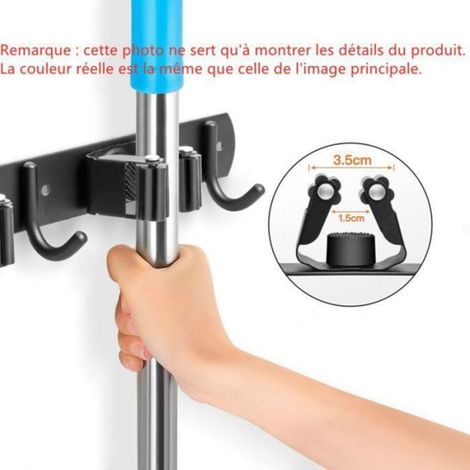 Patère Murale pour Balai, Porte-Balai en Acier Inoxydable avec 3 Emplacements et 4 Crochets pour Cuisine, Garage, Jardin - Noir (1/4)