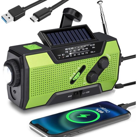 Radio d'urgence portable à énergie solaire, 2000 mAh, verte