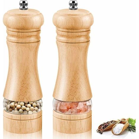 Moulin a Poivre et Sel, Lot de 2 Moulin Sel Poivre Bois, Manuel Moulin à Sel et Poivre, Réglables Broyeur d'Épices en Céramique, Salière et Poivrièr 6.5inch, Pour Sel de Mer, Piment, Poivre (1/5)
