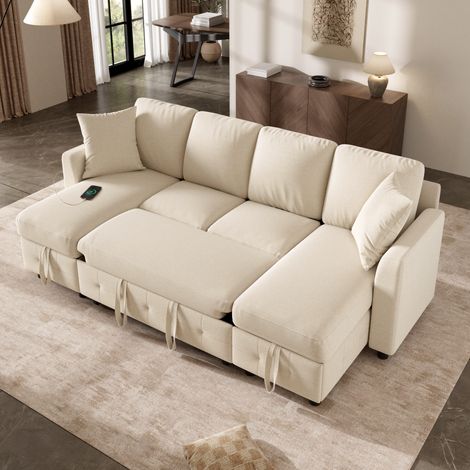 Canapé d'angle en U 4 places avec fonction couchage et lit gigogne,USB et Type-C,canapé lit convertible,méridienne avec rangement,tissu chenille,Beige (1/5)