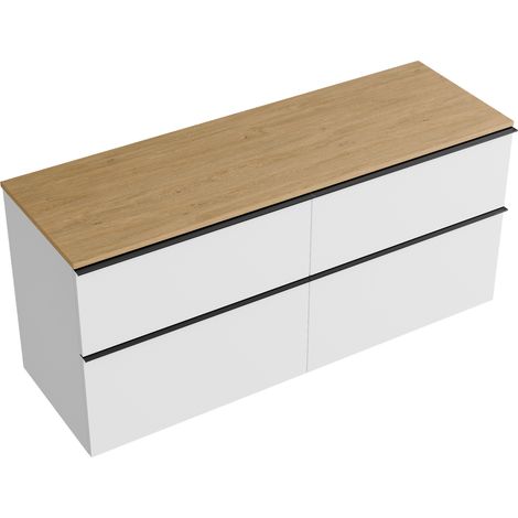 Unterschrank Bernstein LAVOA 140cm für Aufsatzwaschbecken Badmöbel: Weiß matt, Metallgriff: Schwarz matt, Waschtischplatte: Eiche Honiggold