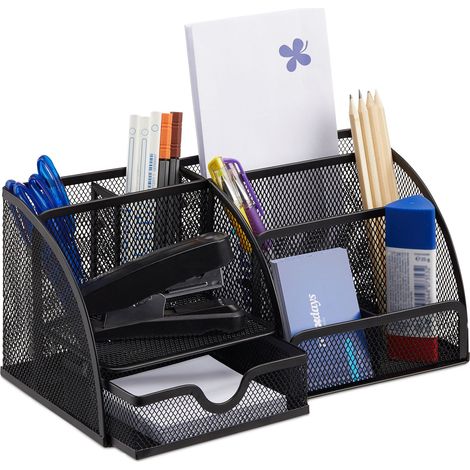 Relaxdays Schreibtischorganizer 6 Ablagen, kompakter Büroorganizer Metall, Schublade, Zettehalter, Stifteköcher, schwarz